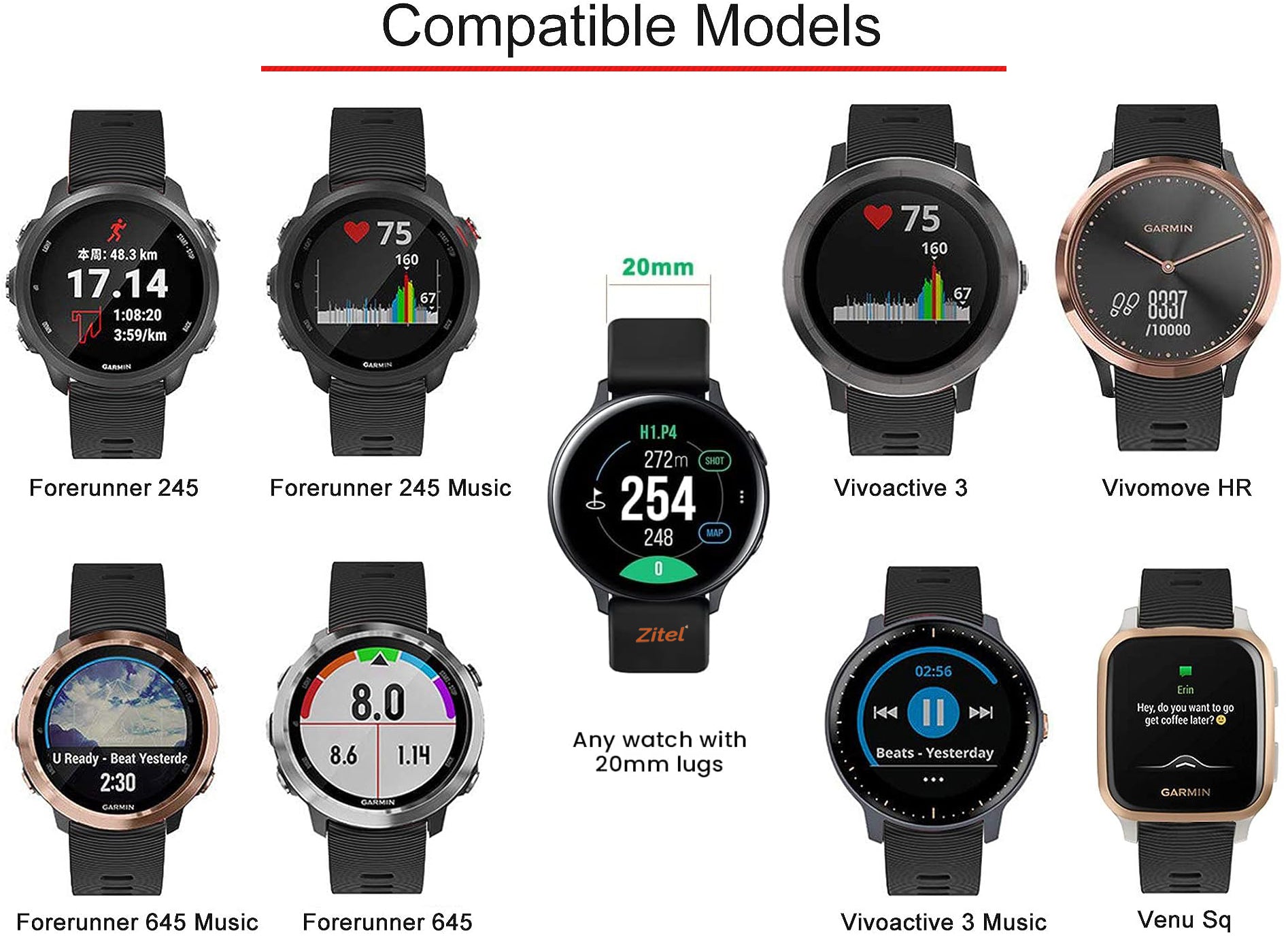 Zitel Bands for Garmin Forerunner 165/245/645, 55/158, Vivoactive 6/5/3/3S, Venu Sq/Sq 2, Venu 2 Plus, 20mm - Spanish Red