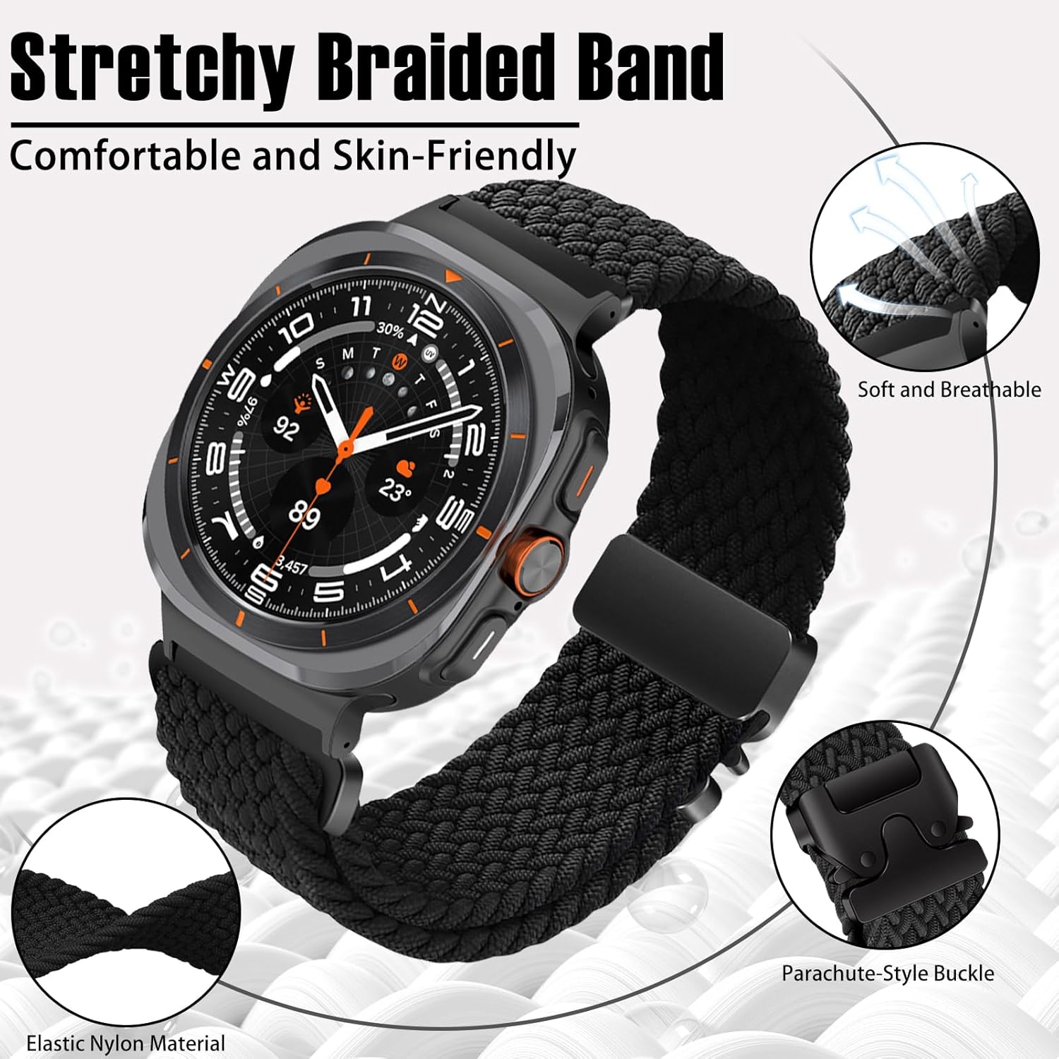 Zitel Band for Samsung Galaxy Watch Ultra 47mm 2025/2024 Nylon Sports Strap - Black