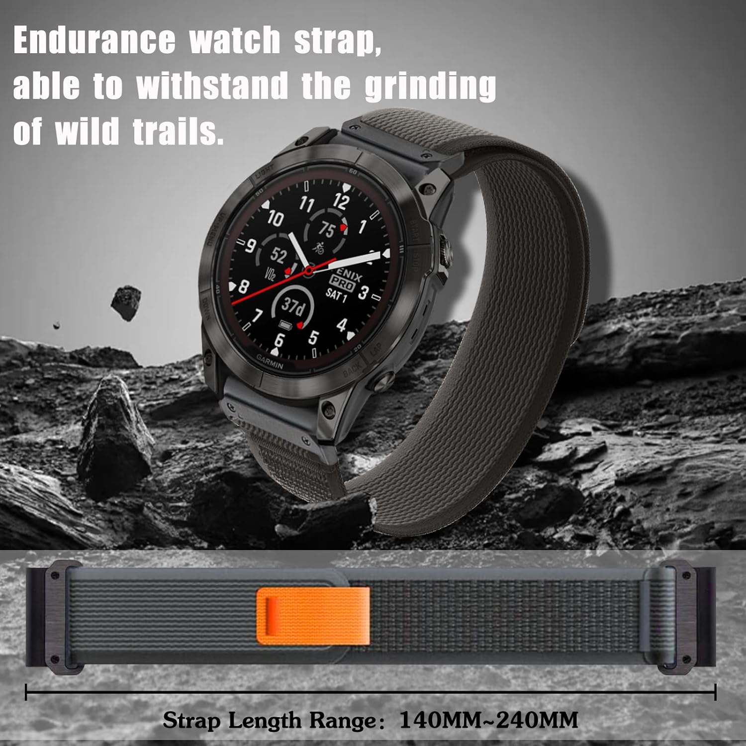 Zitel Band for Garmin Fenix 8 AMOLED 47mm, Fenix E/7/7 Pro, 6/6 Pro, Forerunner 970/965/955, QuickFit 22mm wide Nylon Sports Strap - Black / Grey