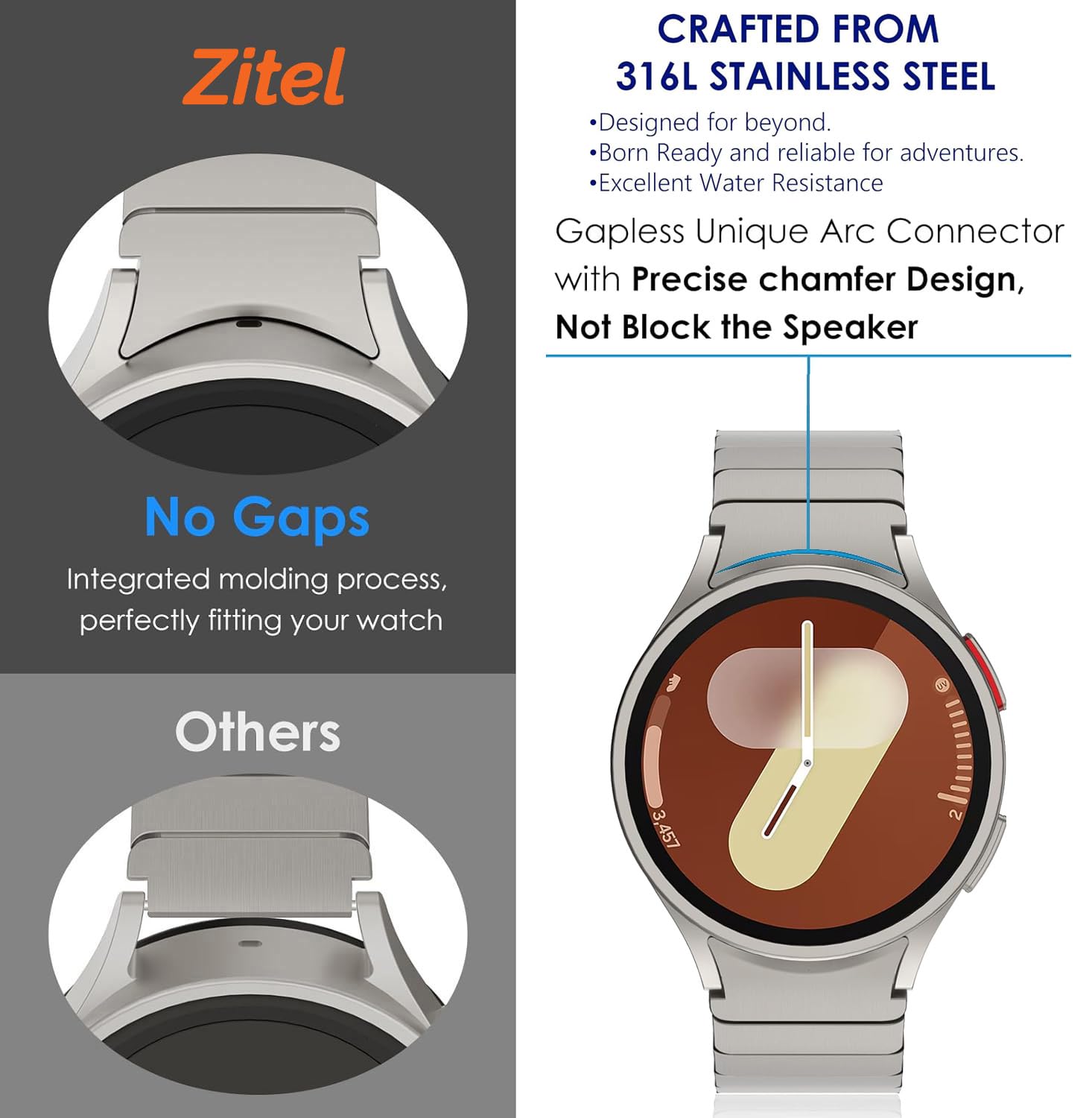 Zitel Band for Samsung Galaxy Watch 7 44mm / 40mm, Watch FE 40mm, Stainless Steel No Gap Strap - Titanium