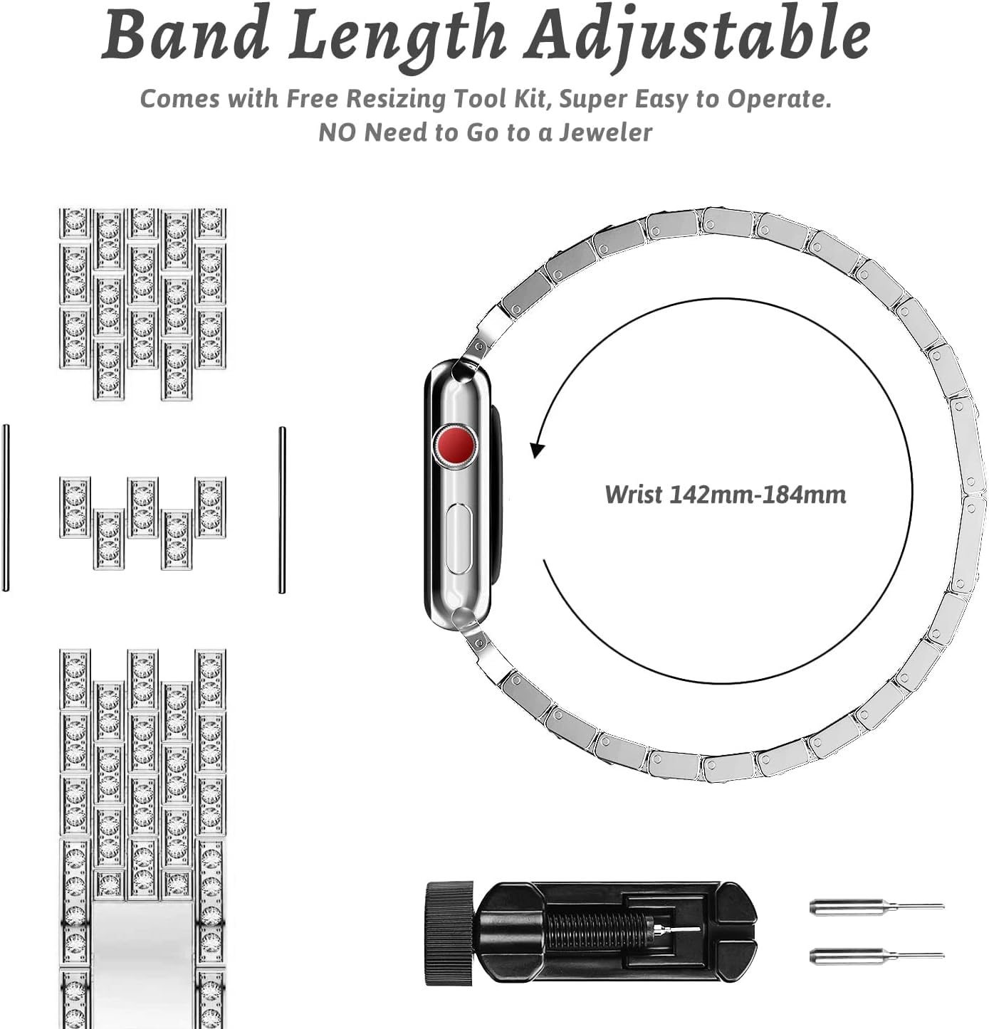 Zitel Band for Apple Watch 40mm Bling Diamond Rhinestone Strap + Case for Women Girls - Silver