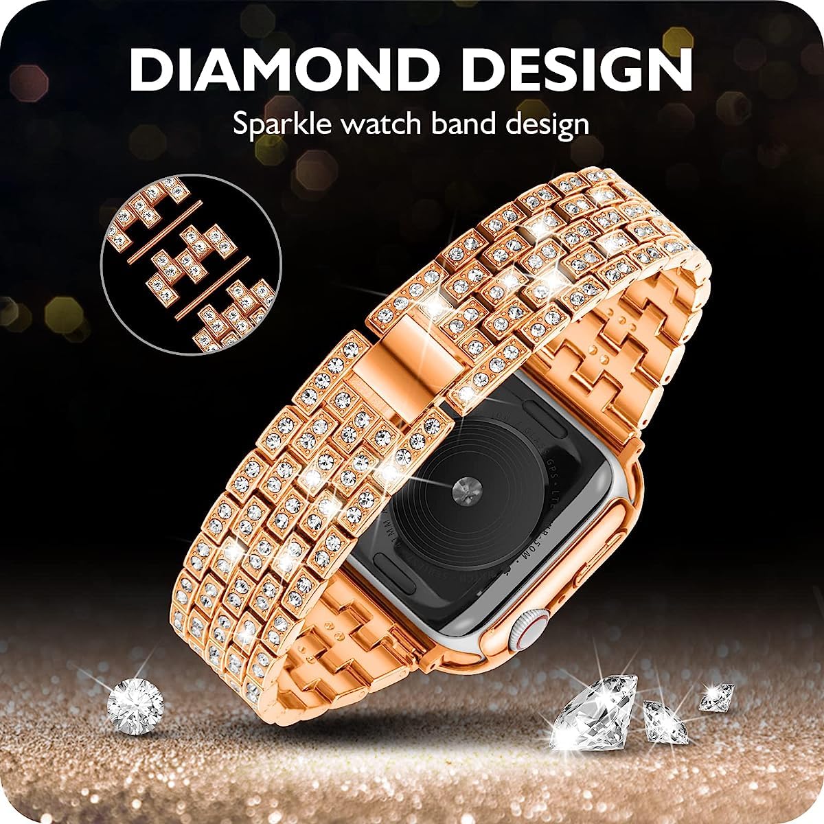 Zitel Band for Apple Watch 42mm Series 10 Bling Diamond Rhinestone Strap + Case for Women Girls - Rose Gold