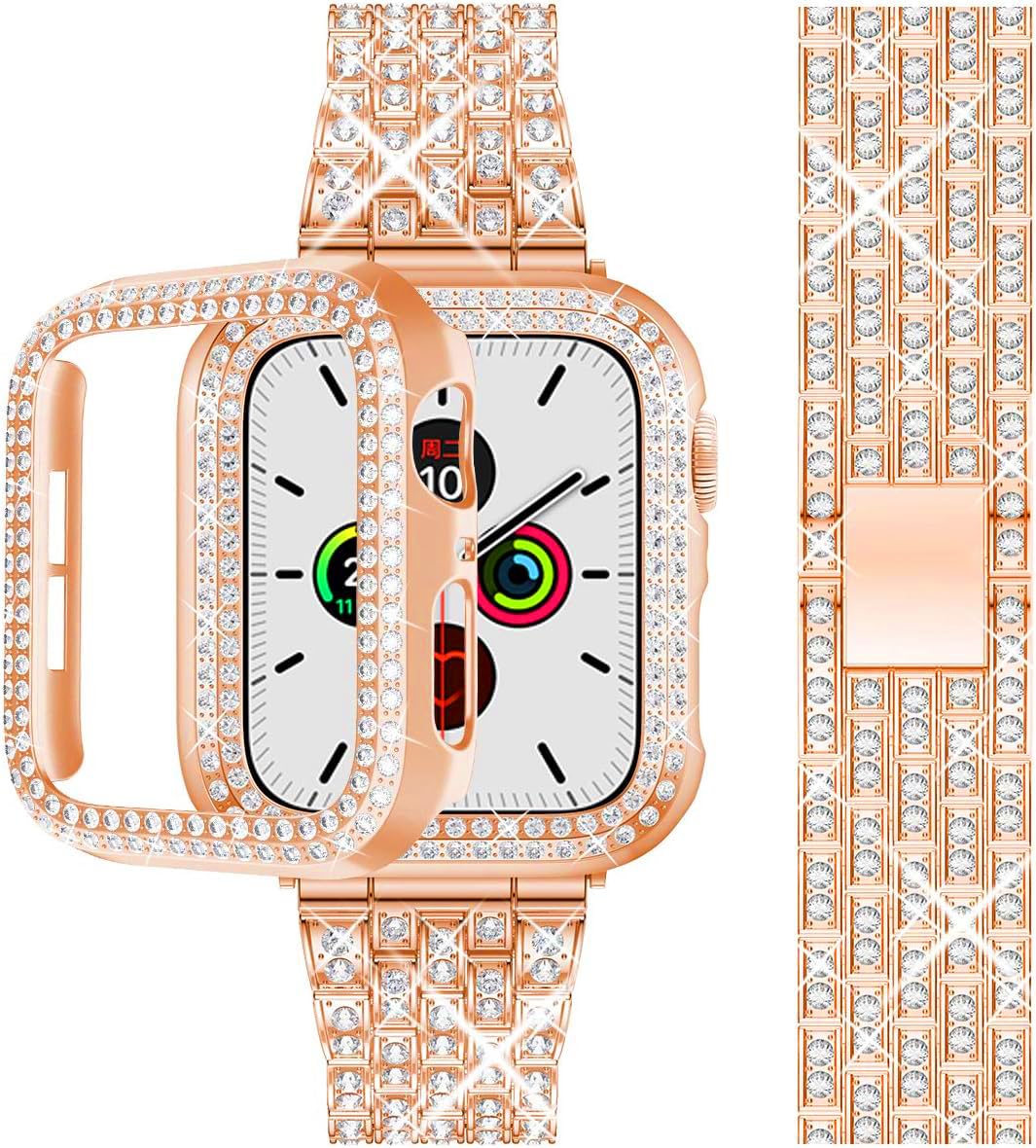 Zitel Band for Apple Watch 44mm Bling Diamond Rhinestone Strap + Case for Women Girls - Rose Gold
