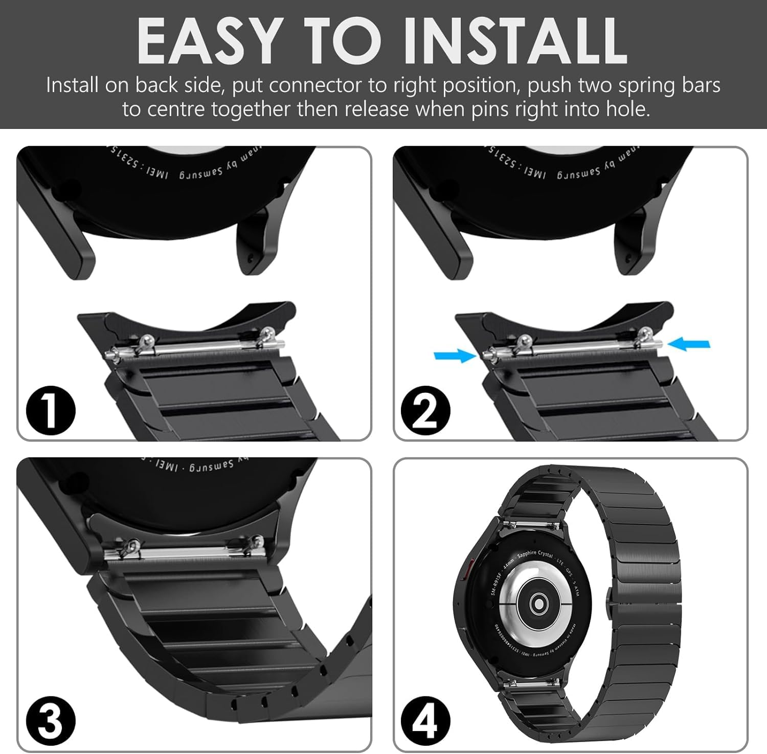 Zitel Band for Samsung Galaxy Watch 7 44mm / 40mm, Watch FE 40mm, Stainless Steel No Gap Strap - Black