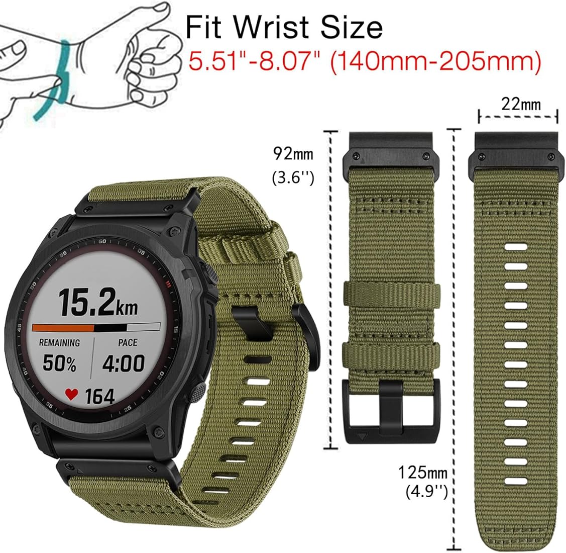 Zitel Band for Garmin Fenix 8 AMOLED 47mm, Fenix E/7/7 Pro, 6/6 Pro, Forerunner 970/965/955, Rugged Nylon 22mm wide Sport Strap