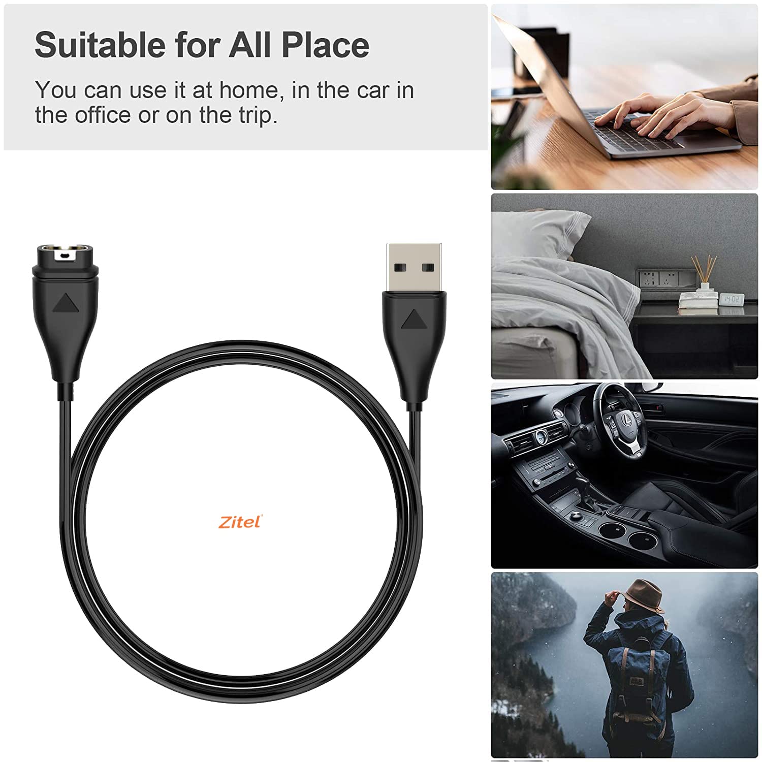 Zitel Charger for Garmin Instinct 3, 2X 2 2S, Instinct - USB Charging Cable With Dust Plug