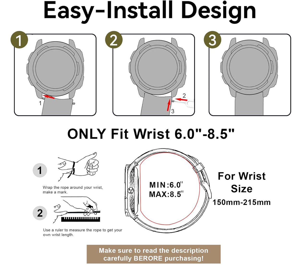 Zitel Band for Garmin Instinct 2 / Instinct 3 45mm - 22mm wide Rugged Nylon Strap - Back