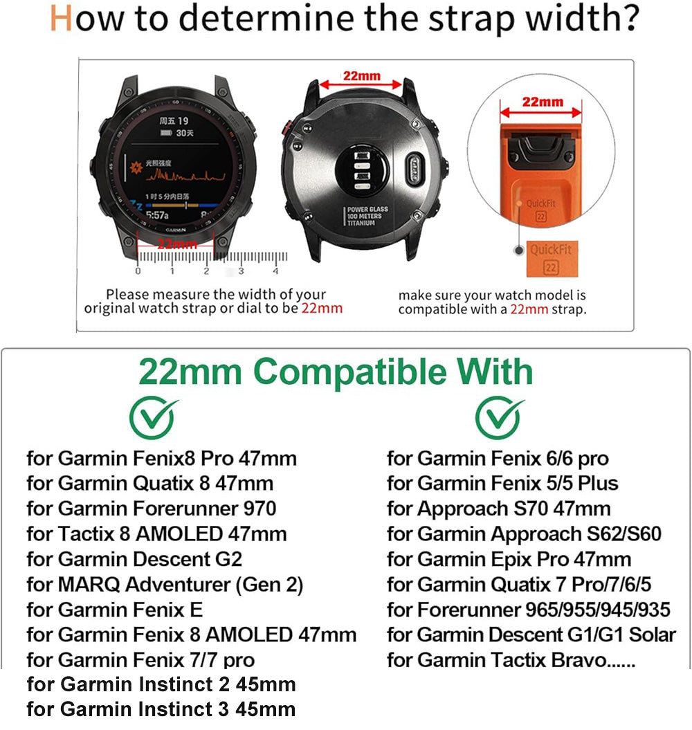 Zitel Band for Garmin Fenix 8 47mm, Fenix 7/6/5, Forerunner 970/965/955, Epix Pro 47mm, Instinct 2 / 3 45mm - 22mm wide Nylon Sport Strap - Black