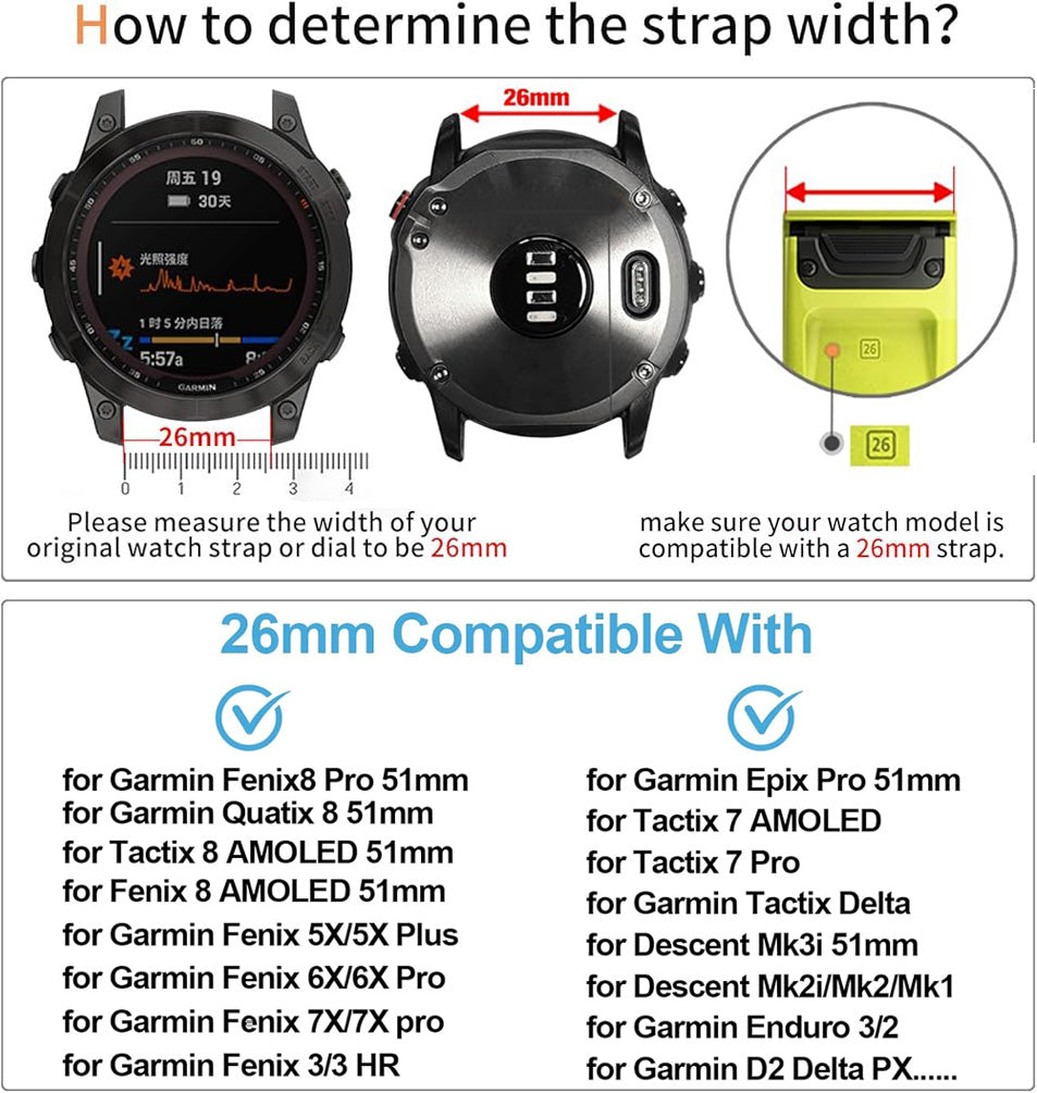 Zitel Band for Fenix 8 AMOLED 51mm, 7X/7X Pro, 6X/6X Pro, 5X/5X Plus, 3/3 HR, MK1/2i/3i, Enduro 3/2, 26mm Sport Strap - Orange & Black