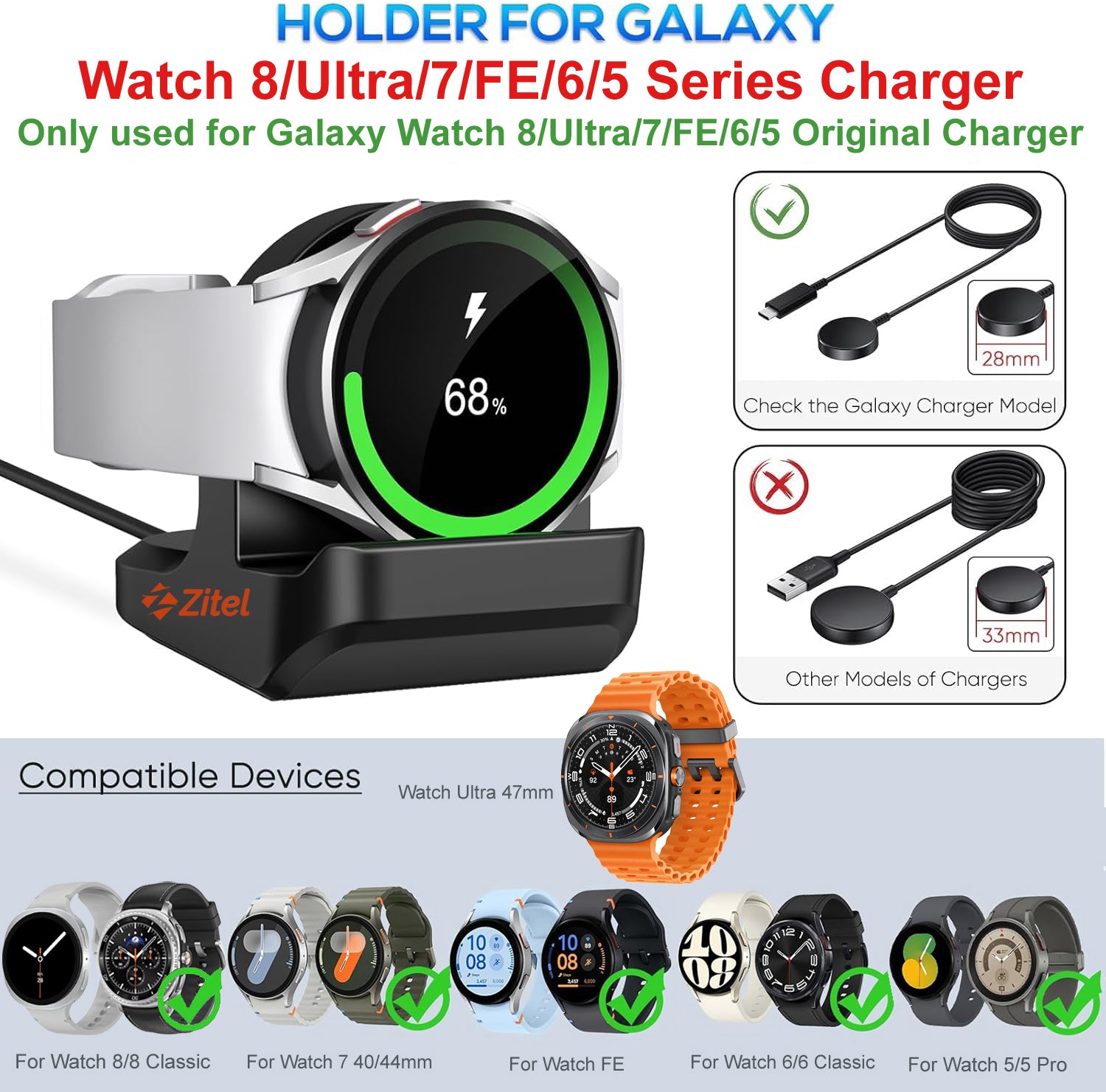 Zitel Charger Stand for Samsung Galaxy Watch 8/8 Classic, Ultra, Watch 7/6/5, Silicone Non-Slip Charging Dock