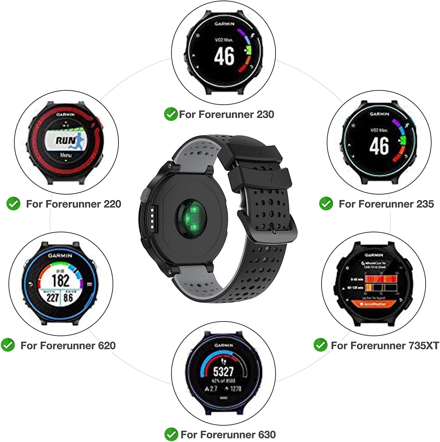 Zitel Band for Garmin Forerunner 735XT, 220, 230, 235, 235 Lite, 620, 630, Approach S20,S6,S5, Silicone Strap - Black