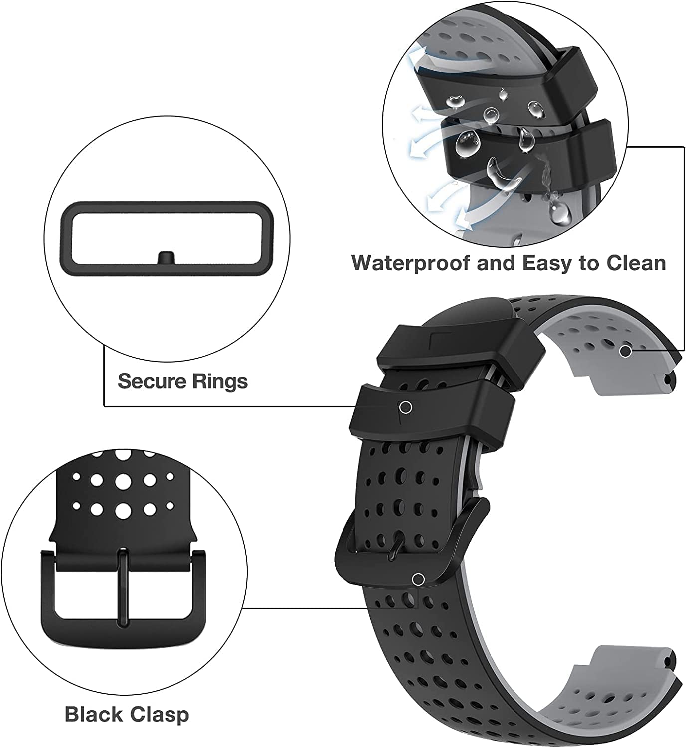 Zitel Band for Garmin Forerunner 735XT, 220, 230, 235, 235 Lite, 620, 630, Approach S20,S6,S5, Silicone Strap - Black