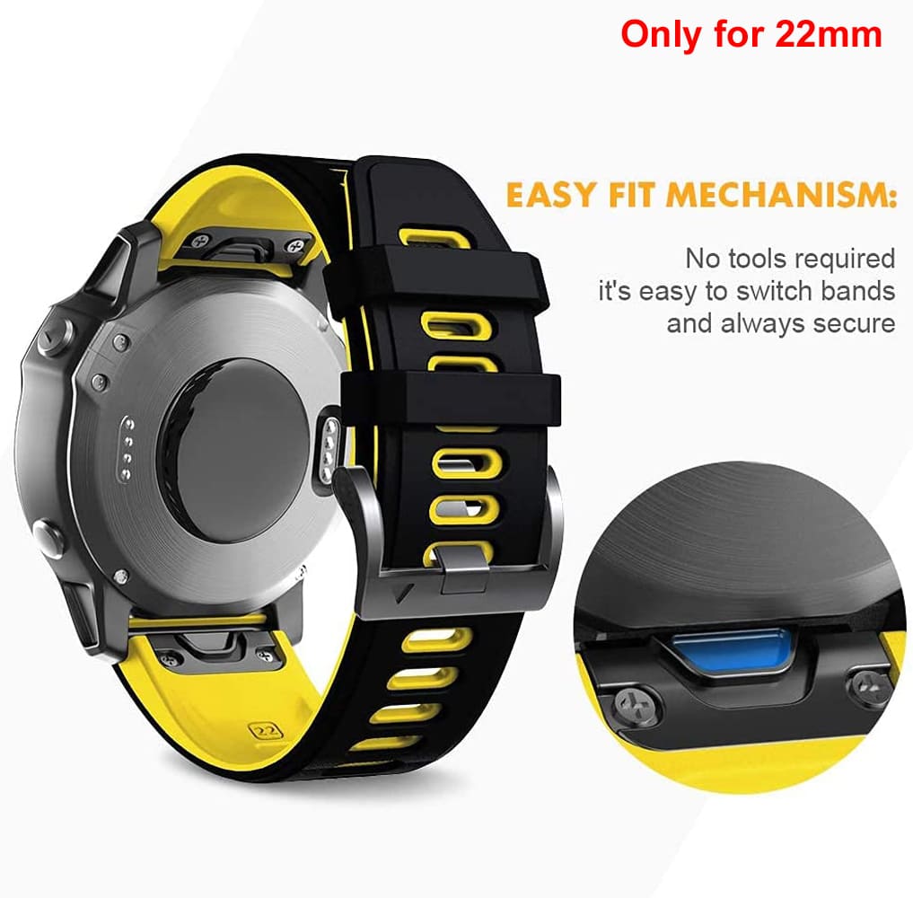 Zitel Band for Garmin Fenix 8 AMOLED 47mm, Fenix E/7/7 Pro, 6/6 Pro, Forerunner 970/965/955, QuickFit 22mm wide Silicone Sport Strap - Black/Yellow