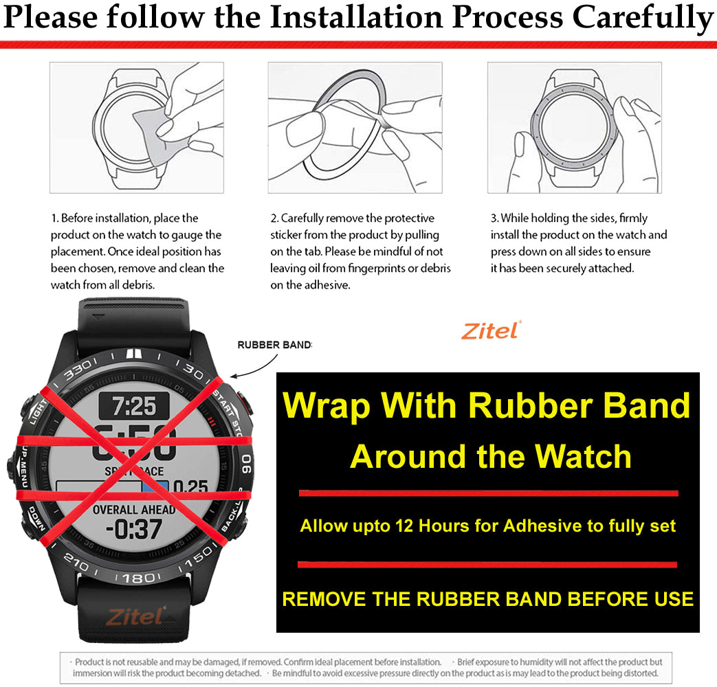 Zitel Bezel Styling for Garmin Fenix 7X Bezel Ring Adhesive Cover Stainless Steel Protector - Black