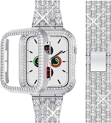 Zitel Band for Apple Watch 44mm Bling Diamond Rhinestone Strap + Case for Women Girls - Silver