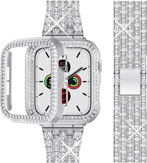Zitel Band for Apple Watch 41mm Bling Diamond Rhinestone Strap + Case for Women Girls - Silver