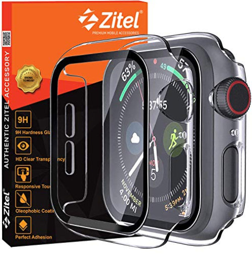 Zitel Transparent Hard PC Case Bumper Cover with Built-in 9H Tempered Glass Screen Protector Compatible with Apple Watch 44mm Series 6, SE Series, 5 Series, 4 Series Edge-to-Edge Smart Defense - Clear