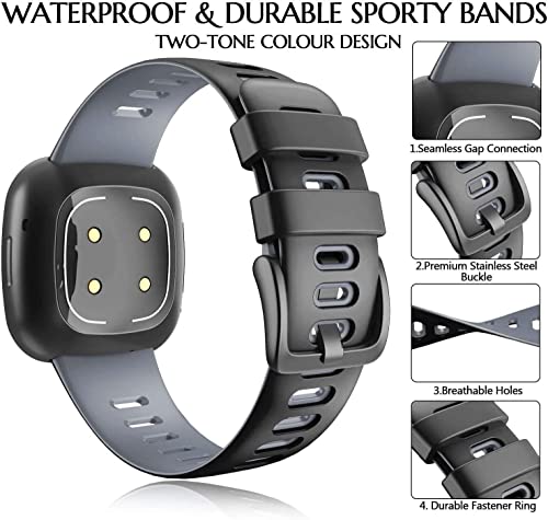 Zitel® Bands Compatible with Fitbit Versa 3 Straps for Women Men, Two-Tone Soft Silicone Sports Wristbands for Versa 3 / Sense Smart Watch - Black/Gray