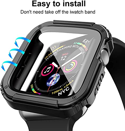 Zitel Rugged Case Compatible with Apple Watch 44mm Series SE 6/5/4 Military Grade Hard PC Bumper Cover with Built-in 9H Tempered Glass Screen Protector Edge-to-Edge Smart Defense - Black