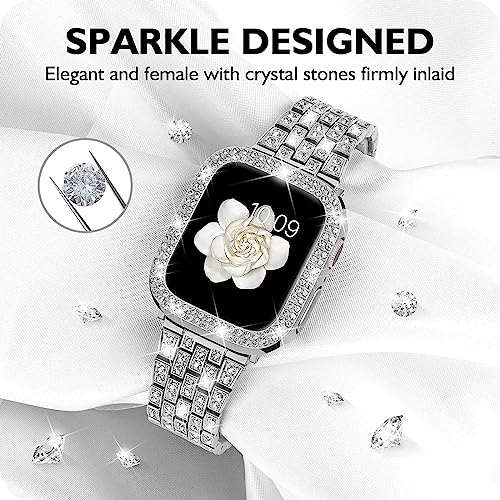 Zitel Band for Apple Watch 45mm Bling Diamond Rhinestone Strap + Case for Women Girls - Silver