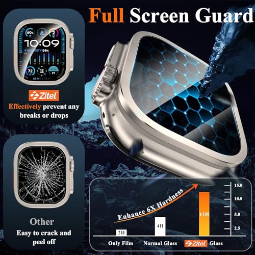 Zitel Screen Protector Case for Apple Watch Ultra 2 49mm / Ultra 49mm Tempered Glass with Titanium Alloy Framework - Titanium