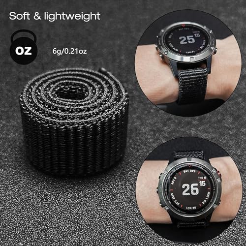 Zitel Band for Garmin Fenix 8 AMOLED 47mm, Fenix E/7/7 Pro, 6/6 Pro, Forerunner 970/965/955, Nylon 22mm wide Sports Strap - Black