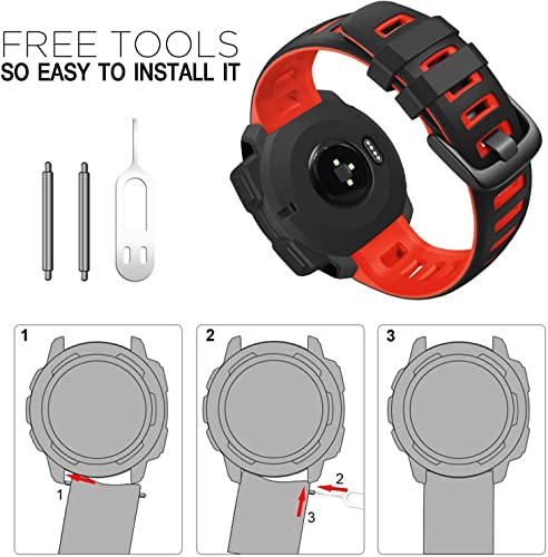 Zitel Band for Garmin Instinct 2 / Instinct 3 45mm, Instinct Tactical/Tide/Esports/Solar 22mm Silicone Sport Strap - Black-Red
