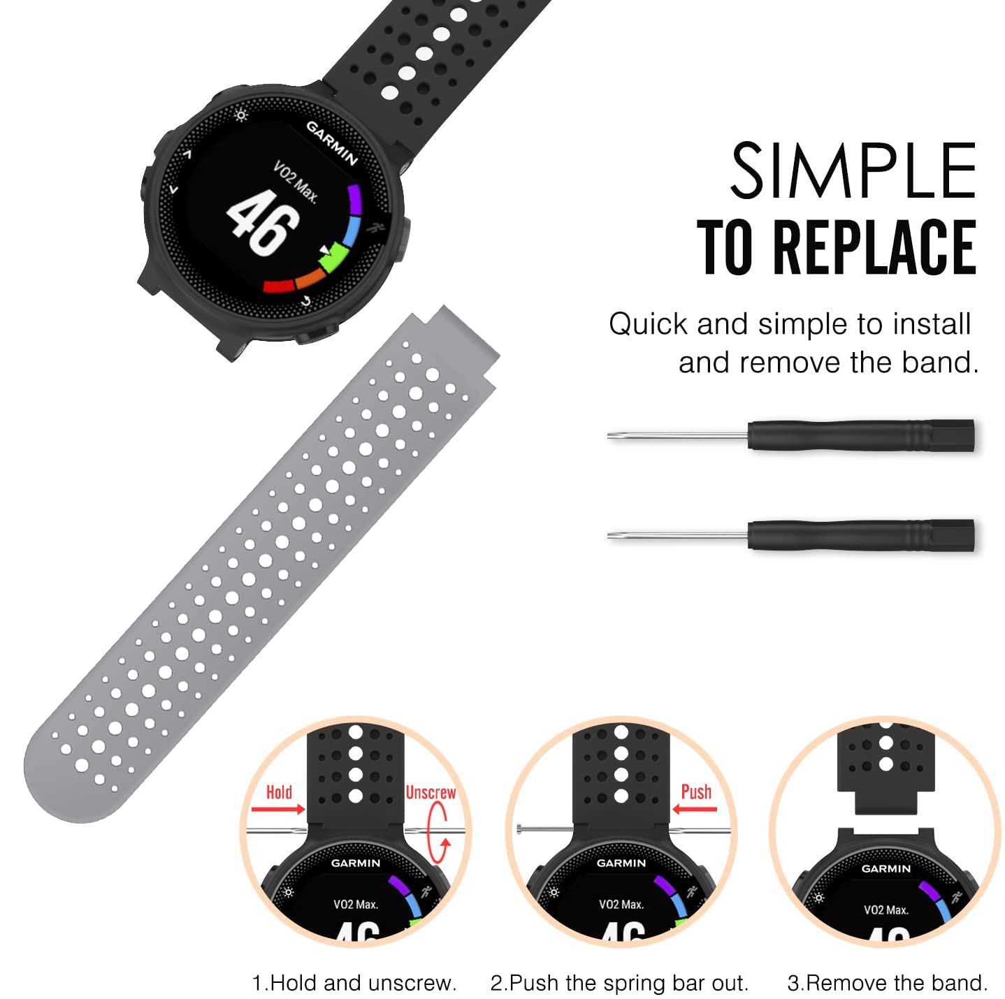 Zitel Band for Garmin Forerunner 735XT, 220, 230, 235, 235 Lite, 620, 630, Approach S20,S6,S5, Silicone Strap - Black