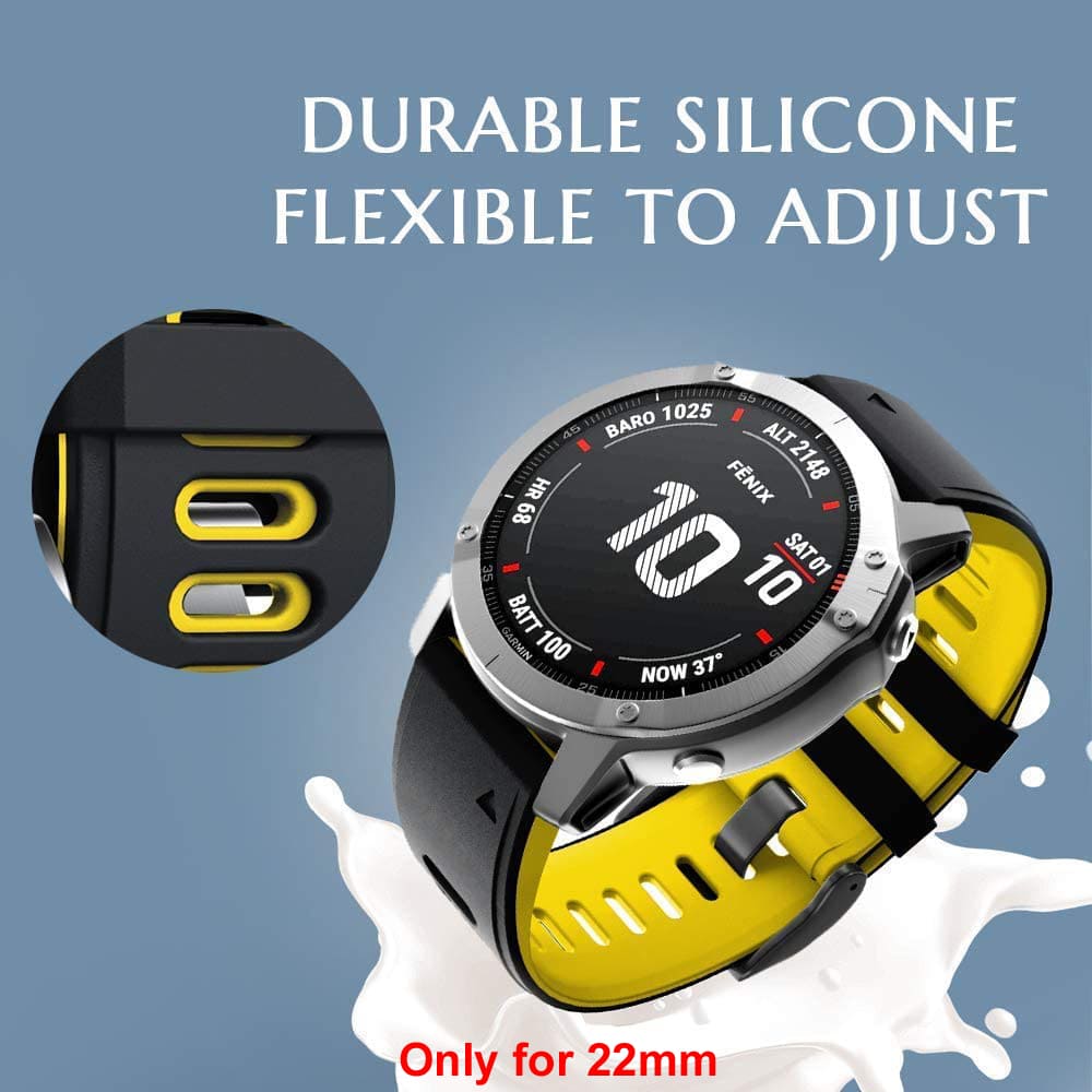 Zitel Band for Garmin Fenix 8 AMOLED 47mm, Fenix E/7/7 Pro, 6/6 Pro, Forerunner 970/965/955, QuickFit 22mm wide Silicone Sport Strap - Black/Yellow