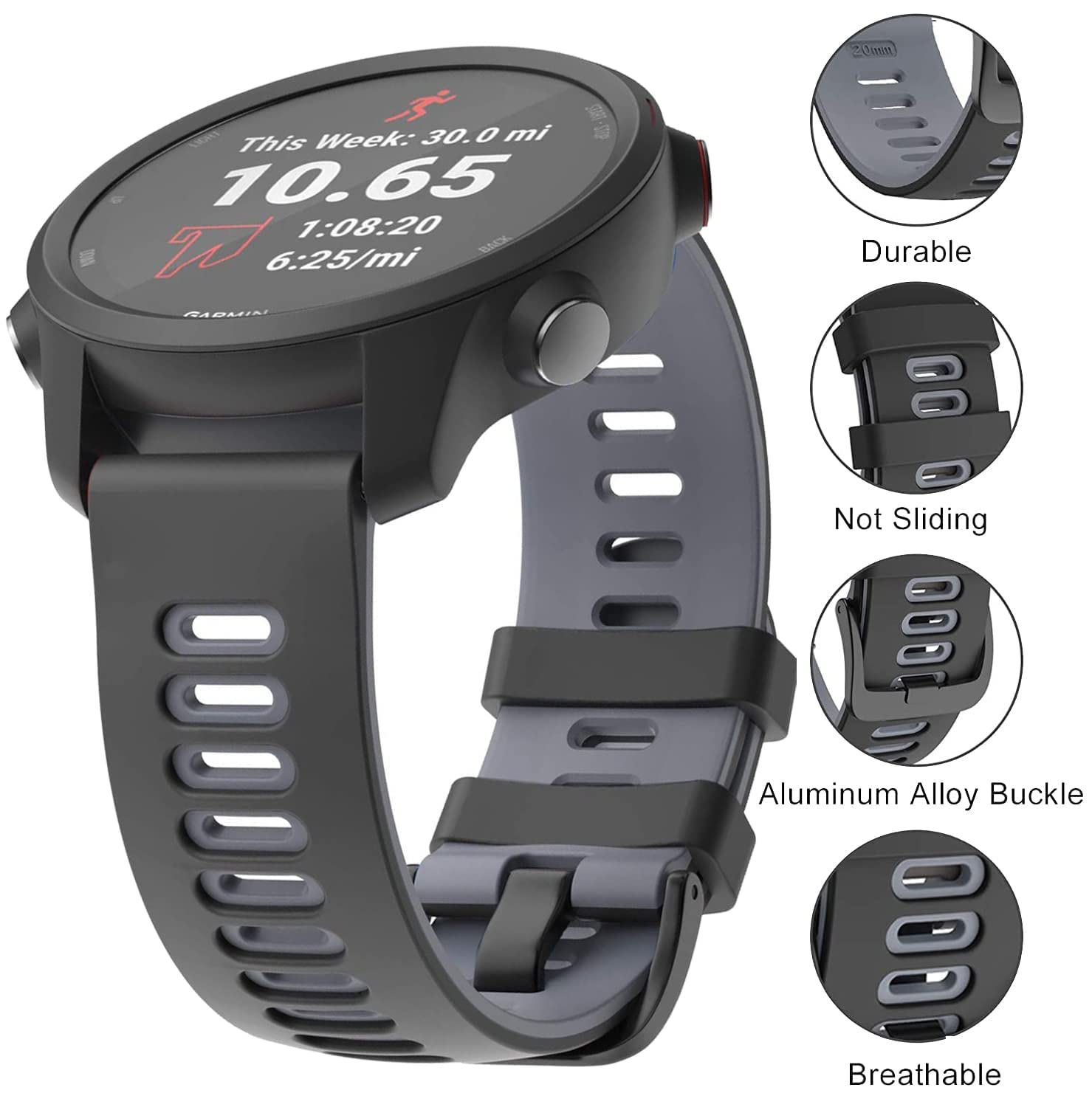 Zitel Band for Garmin Forerunner 265, 255, 245 Music, Vivoactive 4 45mm, Venu 245 mm, Venu 3 45mm, 22mm Wide Strap - Black-Gray