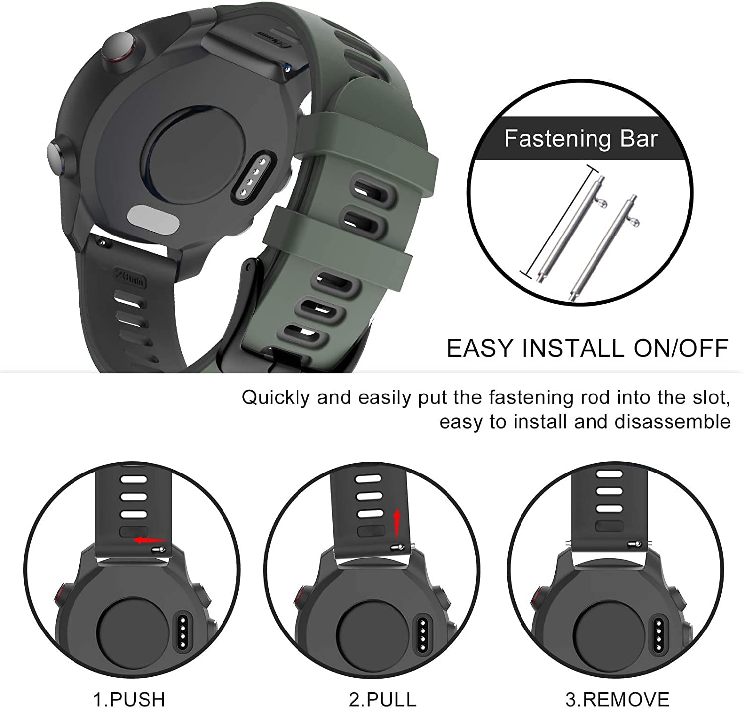 Zitel Band for Garmin Forerunner 265, 255, 245 Music, Vivoactive 4 45mm, Venu 245 mm, Venu 3 45mm, 22mm Wide Strap - Army Green