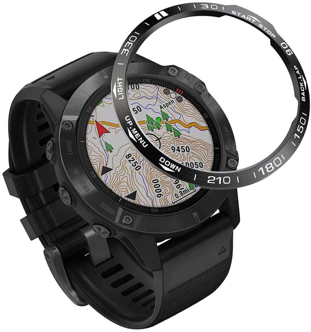 Zitel Bezel Styling for Garmin Fenix 6X / Fenix 6X Pro Bezel Ring Adhesive Cover Stainless Steel Protector - Black