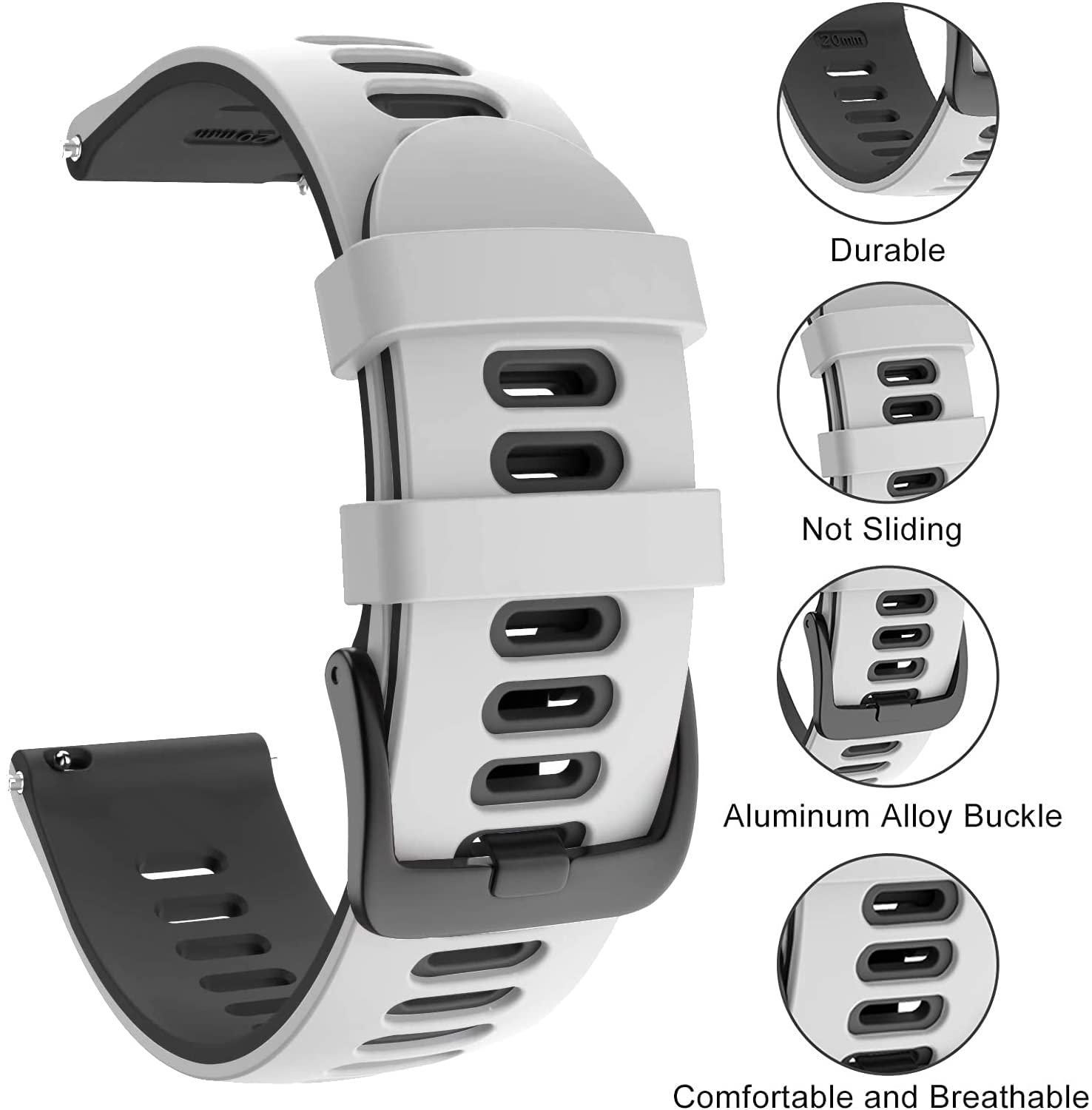 Zitel Band for Garmin Forerunner 265 / 255, Vivoactive 4 45mm, Venu 2 45mm. Venu 3, 22mm Strap - White-Black