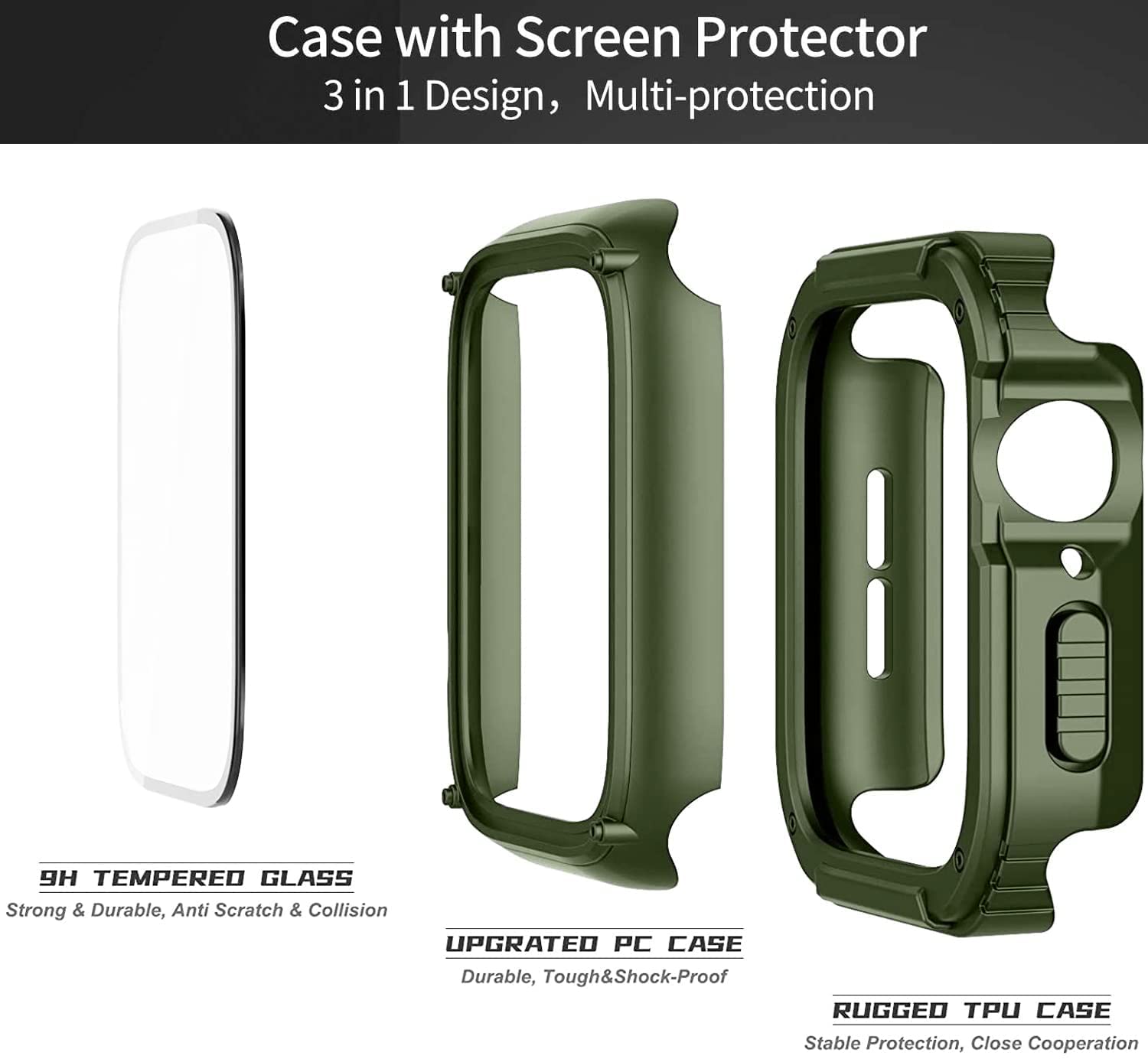 Zitel Rugged Case for Apple Watch Series 9 / 8 / 7 45mm Screen Protector Case with Built-in 9H Tempered Glass - Green