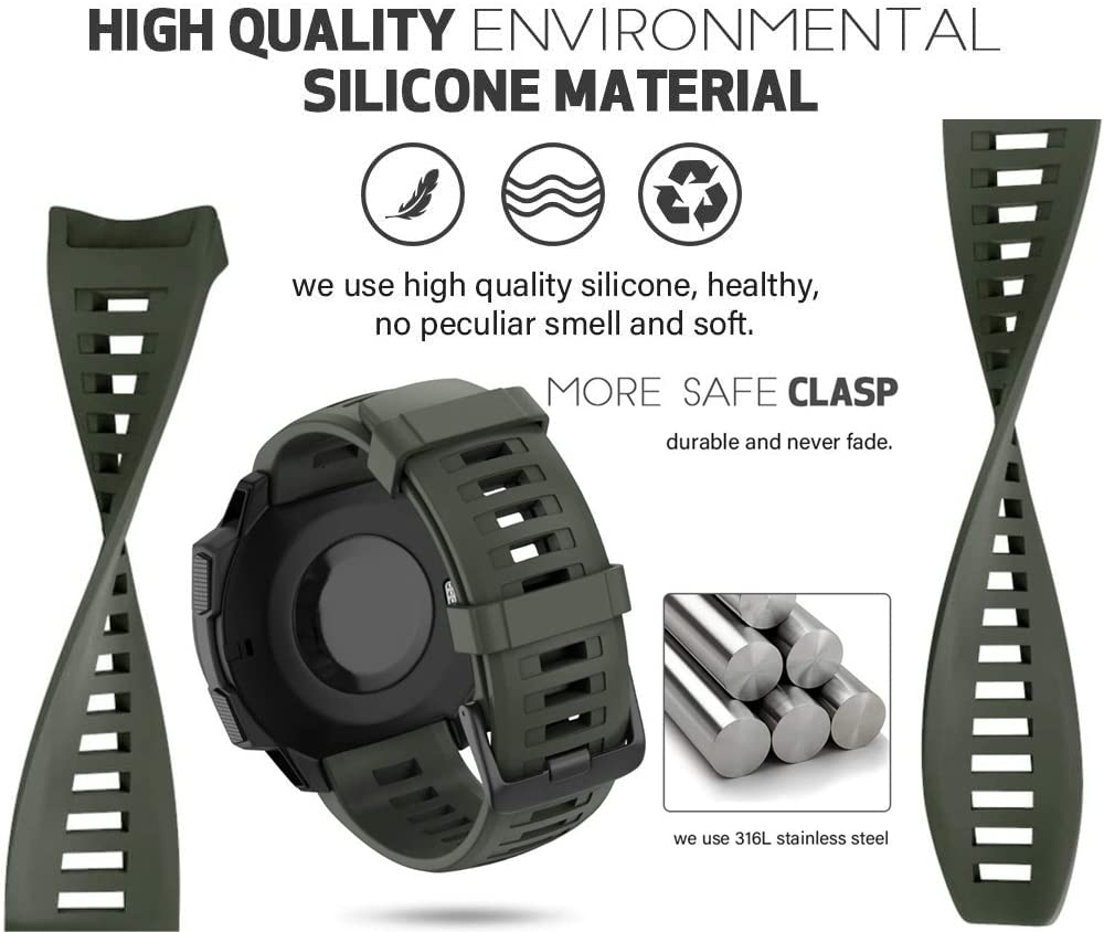 Zitel Band for Garmin Instinct 2 / Instinct 3 45mm, Instinct Tactical/Tide/Esports/Solar 22mm Silicone Sport Strap - Army Green