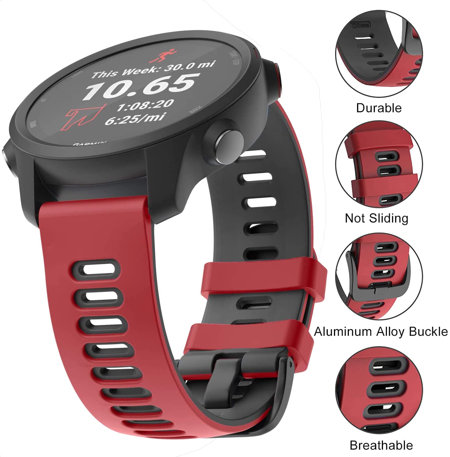 Zitel Band for Garmin Forerunner 265 / 255, Vivoactive 4 45mm, Venu 2 45mm. Venu 3, 22mm Strap - Red-Black