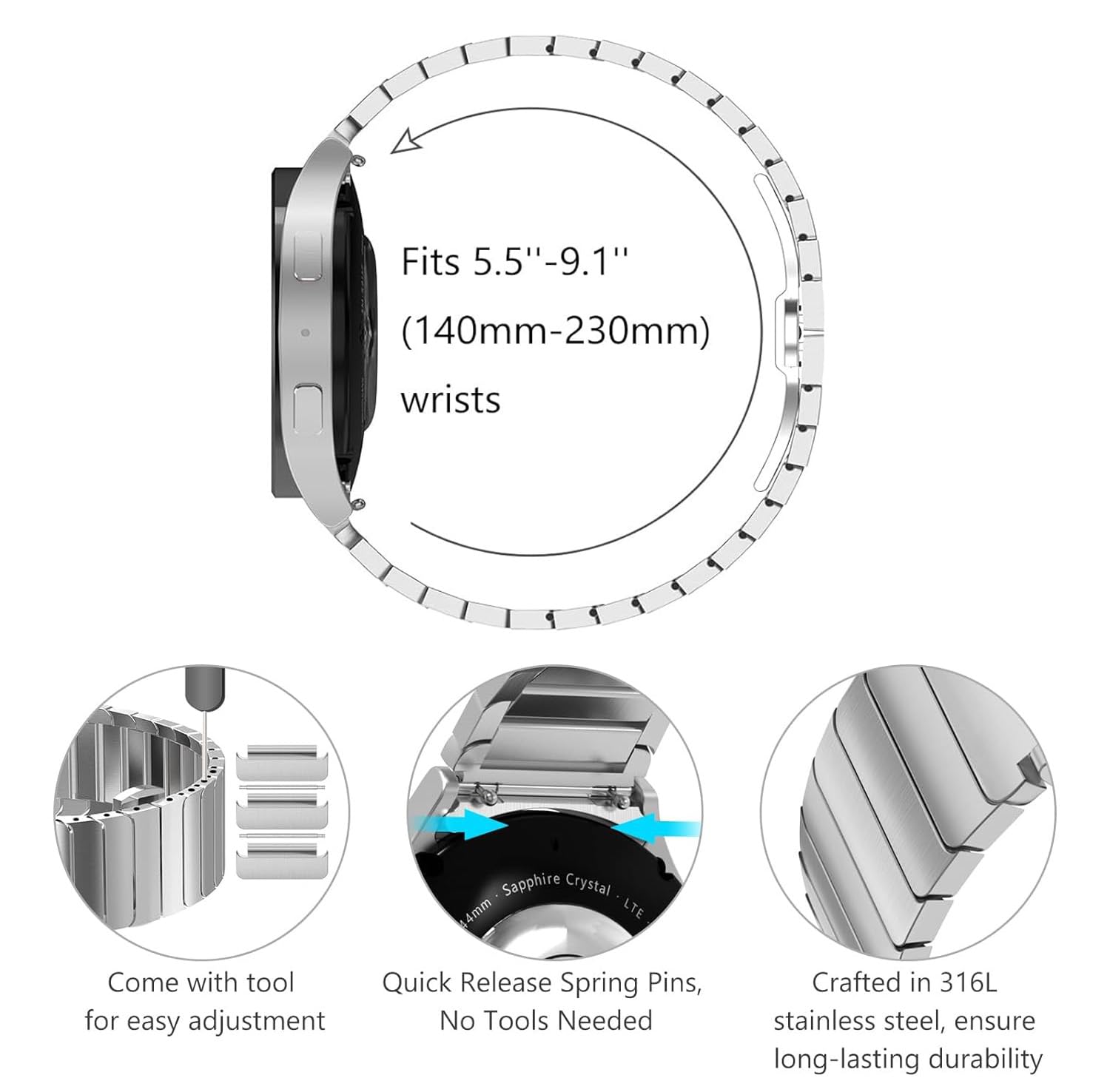 Zitel Band for Samsung Galaxy Watch 6, Watch 5, Watch 4, Stainless Steel No Gap Band - Silver