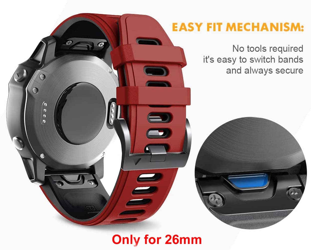 Zitel Band for Garmin Fenix 7X, 6X/6X Pro, 5X/5X Plus, 3/3 HR, 26mm Sport Strap - Red/Black