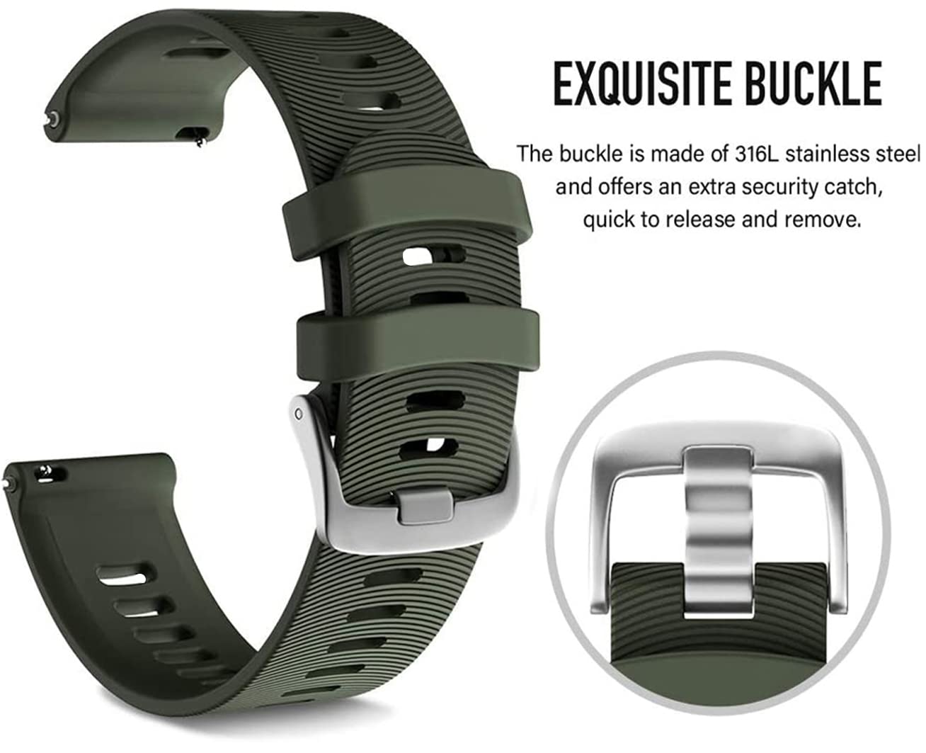 Zitel Bands for Garmin Forerunner 165/245/645, 55/158, Vivoactive 6/5/3/3S, Venu Sq/Sq 2, Venu 2 Plus, 20mm - Army Green