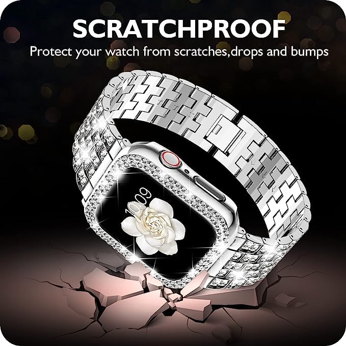 Zitel Band for Apple Watch 44mm Bling Diamond Rhinestone Strap + Case for Women Girls - Silver