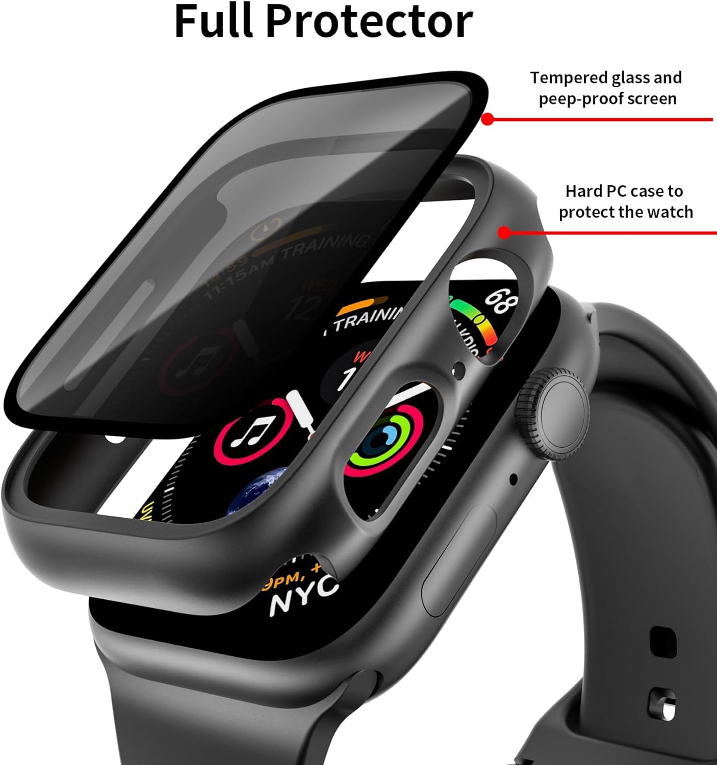 Zitel Privacy Screen Protector Case for Apple Watch 45mm Series 9 / 8 / 7 Anti-Spy Screen Glass Protector Hard PC Cover - Black