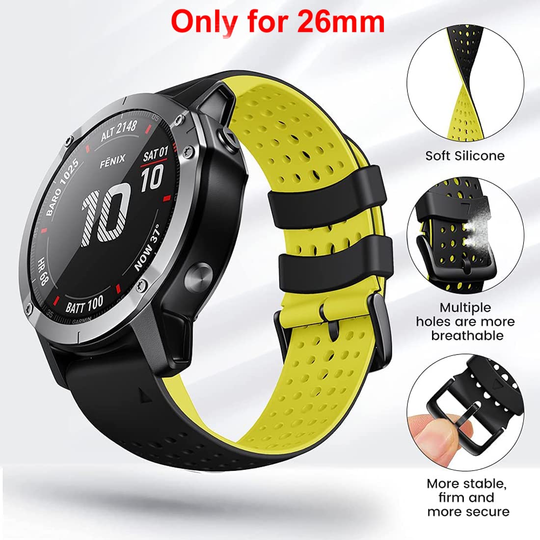 Zitel Band for Fenix 8 51mm, 7X/7X Pro, 6X/6X Pro, 5X/5X Plus, 3/3 HR, Descent MK1, Enduro, 26mm Sport Strap- Black/Yellow