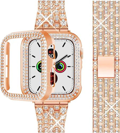 Zitel Band for Apple Watch 45mm Bling Diamond Rhinestone Strap + Case for Women Girls - Rose Gold