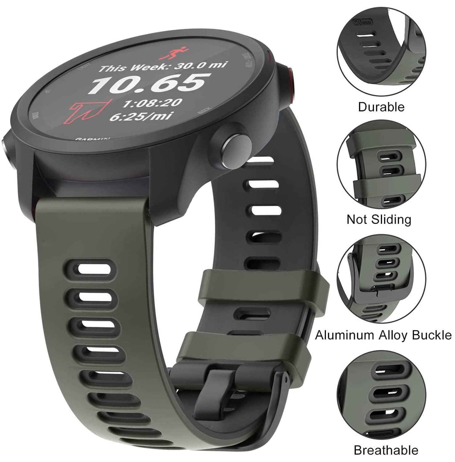 Zitel Band for Garmin Forerunner 265, 255, 245 Music, Vivoactive 4 45mm, Venu 245 mm, Venu 3 45mm, 22mm Wide Strap - Army Green