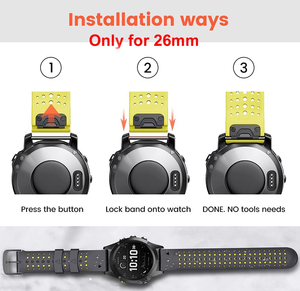 Zitel Band for Fenix 8 51mm, 7X/7X Pro, 6X/6X Pro, 5X/5X Plus, 3/3 HR, Descent MK1, Enduro, 26mm Sport Strap- Black/Yellow