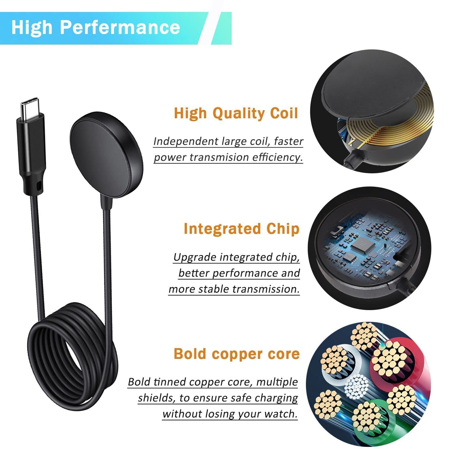 Zitel Type C Charger for Samsung Watch 4 / Watch 3 / Active 2 Charging Cable, 100cm Black