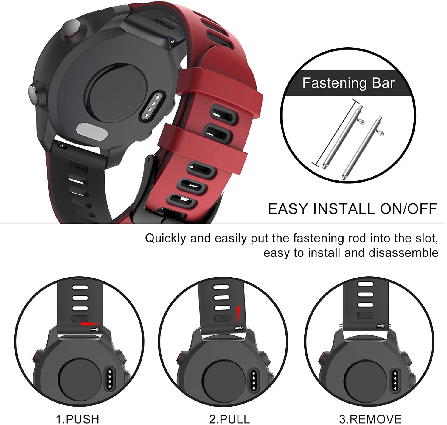 Zitel Band for Garmin Forerunner 265 / 255, Vivoactive 4 45mm, Venu 2 45mm. Venu 3, 22mm Strap - Red-Black