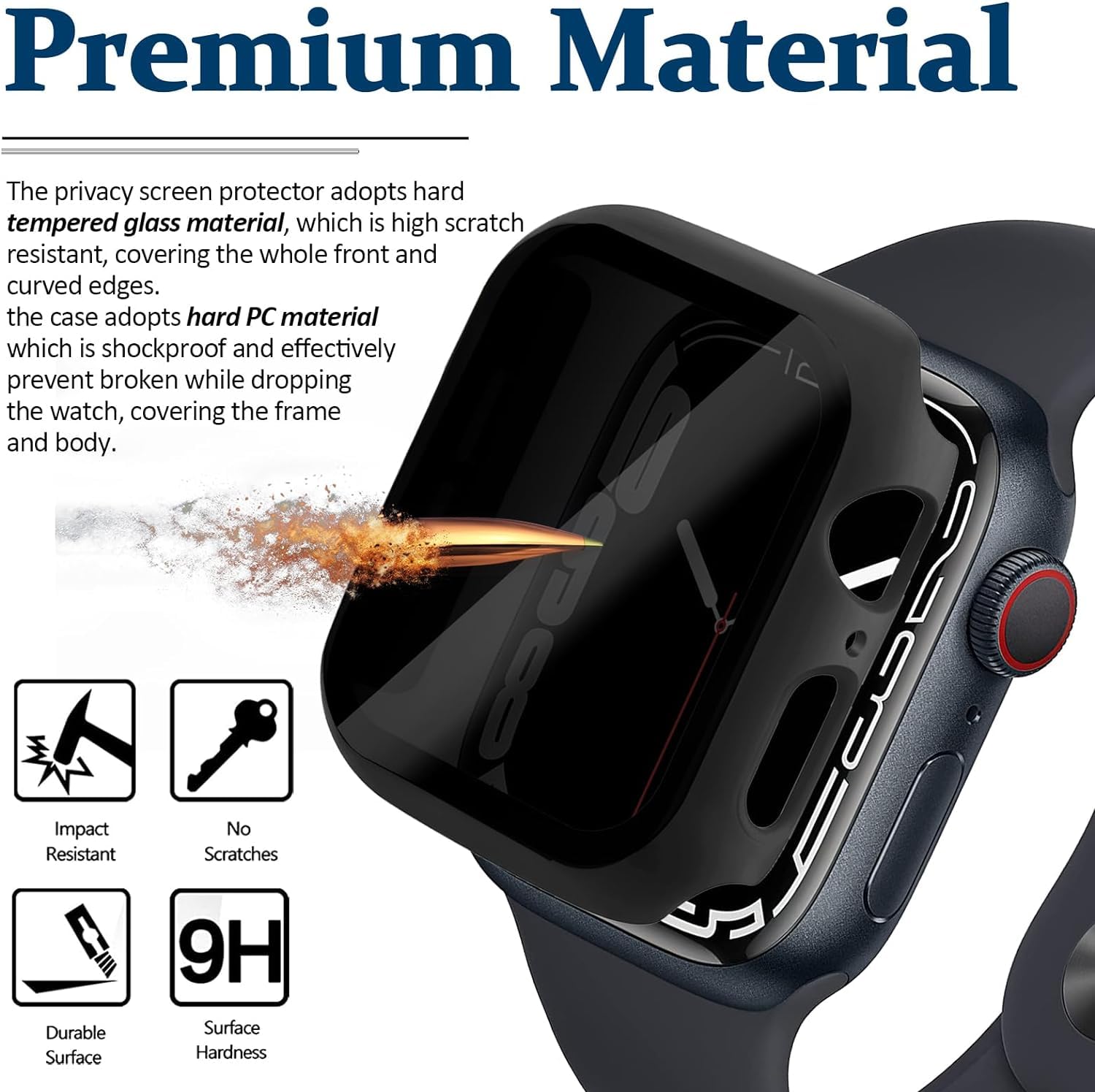 Zitel Privacy Screen Protector Case for Apple Watch 45mm Series 9 / 8 / 7 Anti-Spy Screen Glass Protector Hard PC Cover - Black