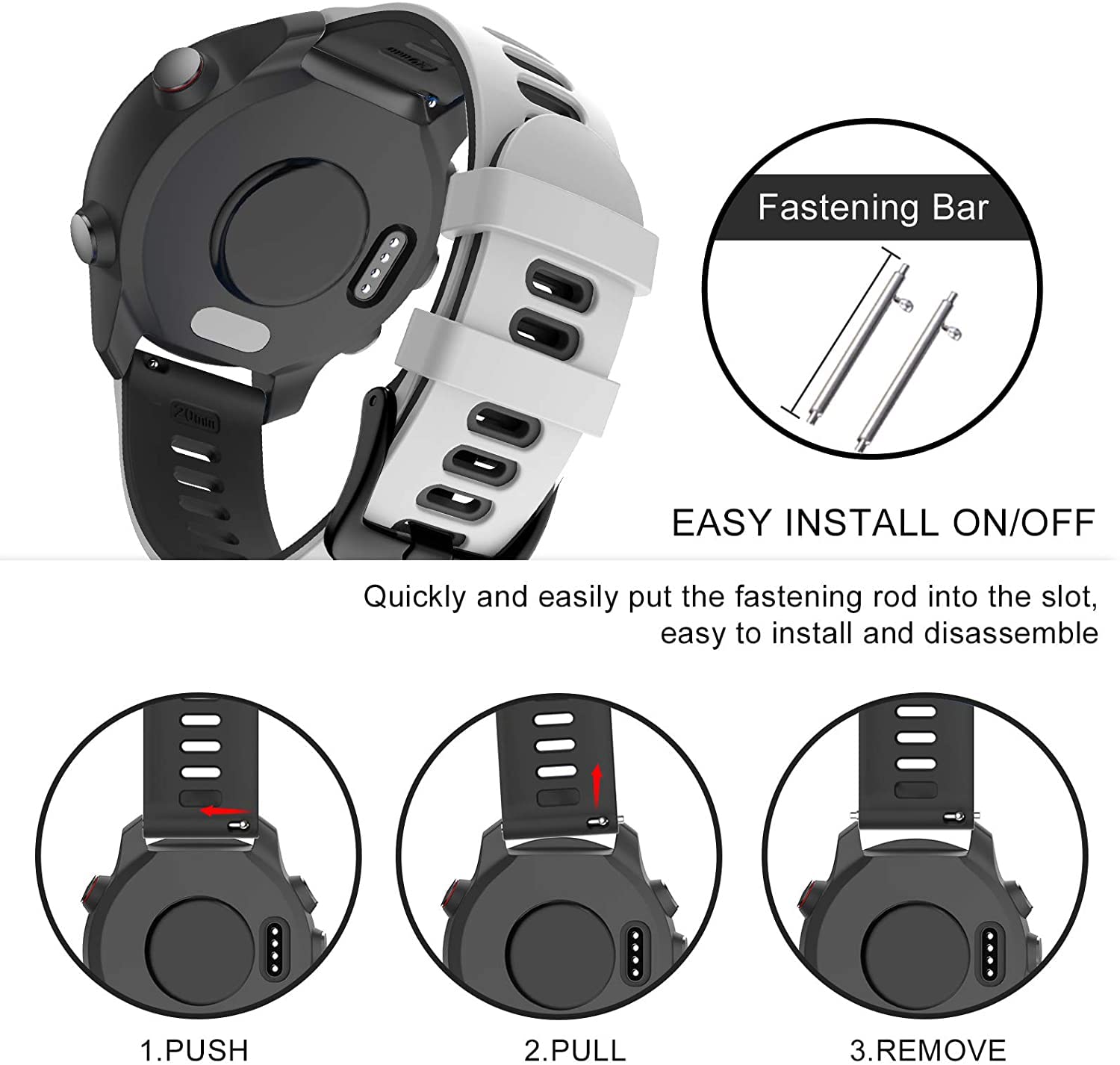 Zitel Band for Garmin Forerunner 265 / 255, Vivoactive 4 45mm, Venu 2 45mm. Venu 3, 22mm Strap - White-Black