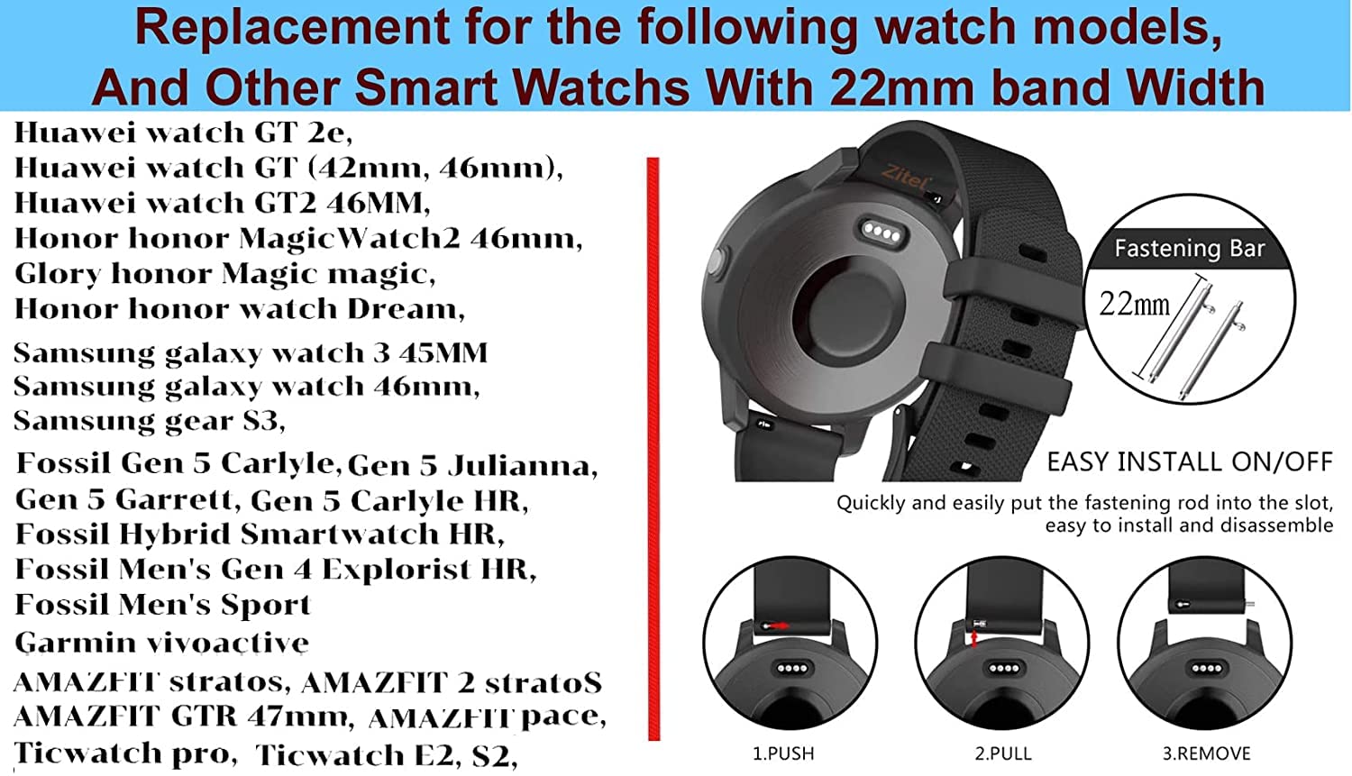 Zitel Band for Garmin Forerunner 265, 255, 245 Music, Vivoactive 4 45mm, Venu 245 mm, Venu 3 45mm, 22mm Wide Strap - Black-Gray